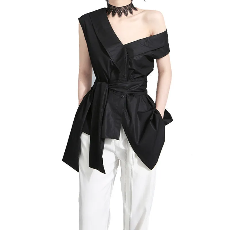 Korean niche design asymmetric slanted strap big bow irregular hem sleeveless blouse long shirt