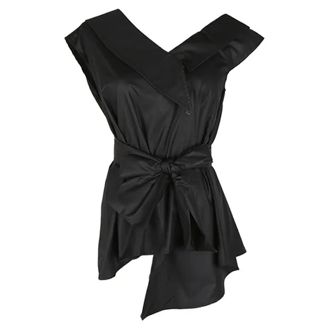 Korean niche design asymmetric slanted strap big bow irregular hem sleeveless blouse long shirt