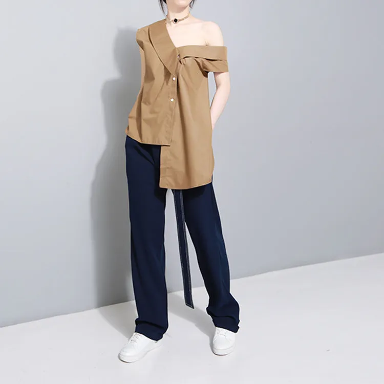 Korean niche design asymmetric slanted strap big bow irregular hem sleeveless blouse long shirt