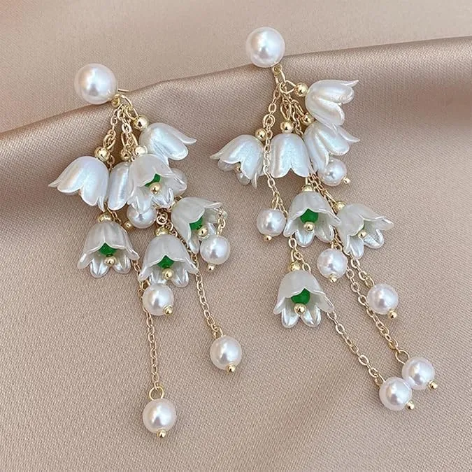 Korean Pearl Bell Orchid Flower Vintage Earrings