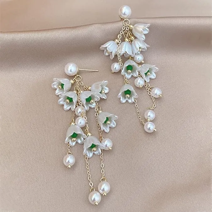 Korean Pearl Bell Orchid Flower Vintage Earrings