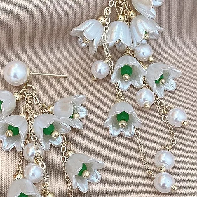 Korean Pearl Bell Orchid Flower Vintage Earrings