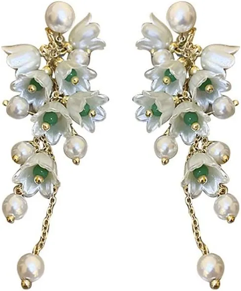Korean Pearl Bell Orchid Flower Vintage Earrings