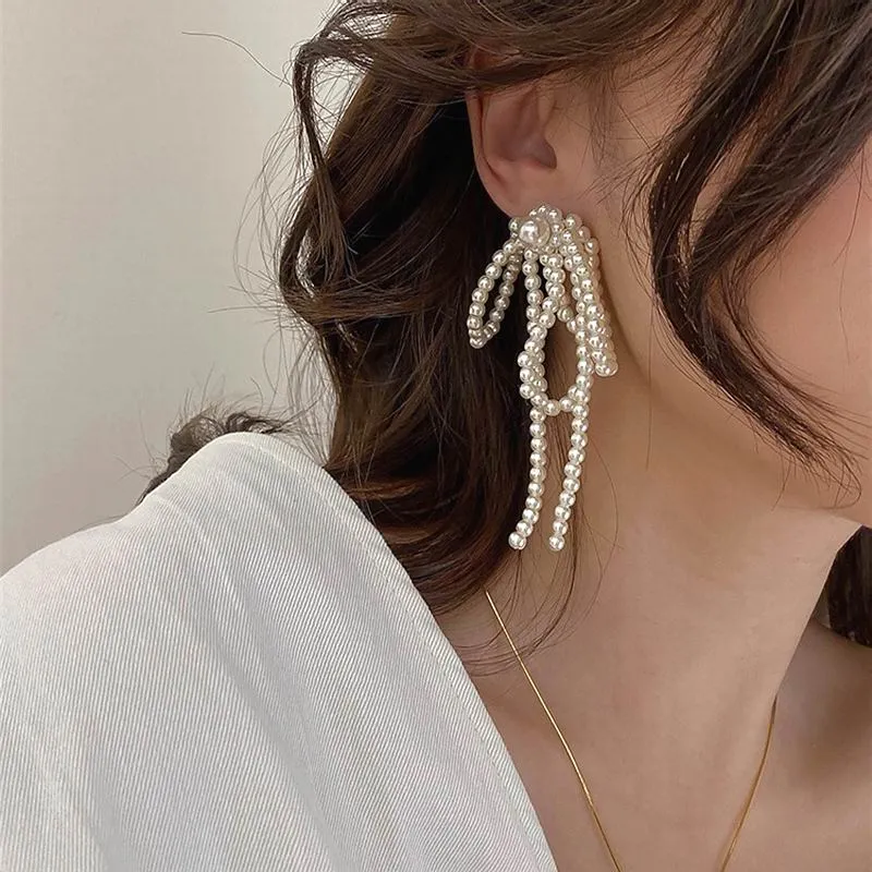 Korean Pearl Knot Big Earrings New Jewelry Statement Drop Dangle Earrings