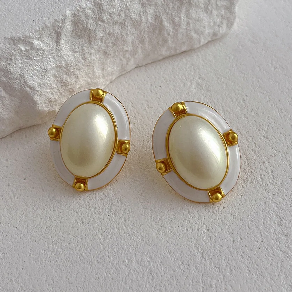 Korean Pearl Oval Stud Earrings 2023 New Statement Retro Earings For Women