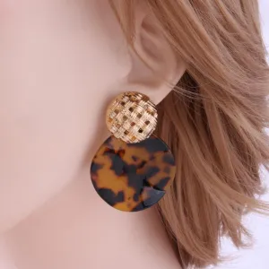 Korean Round Geometric Gold Sequin Pendant Woman Earrings