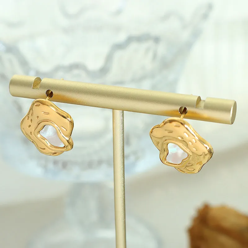 Korean Shell Inlaid Geometric Earrings - Titanium Steel & 18K Gold Plated