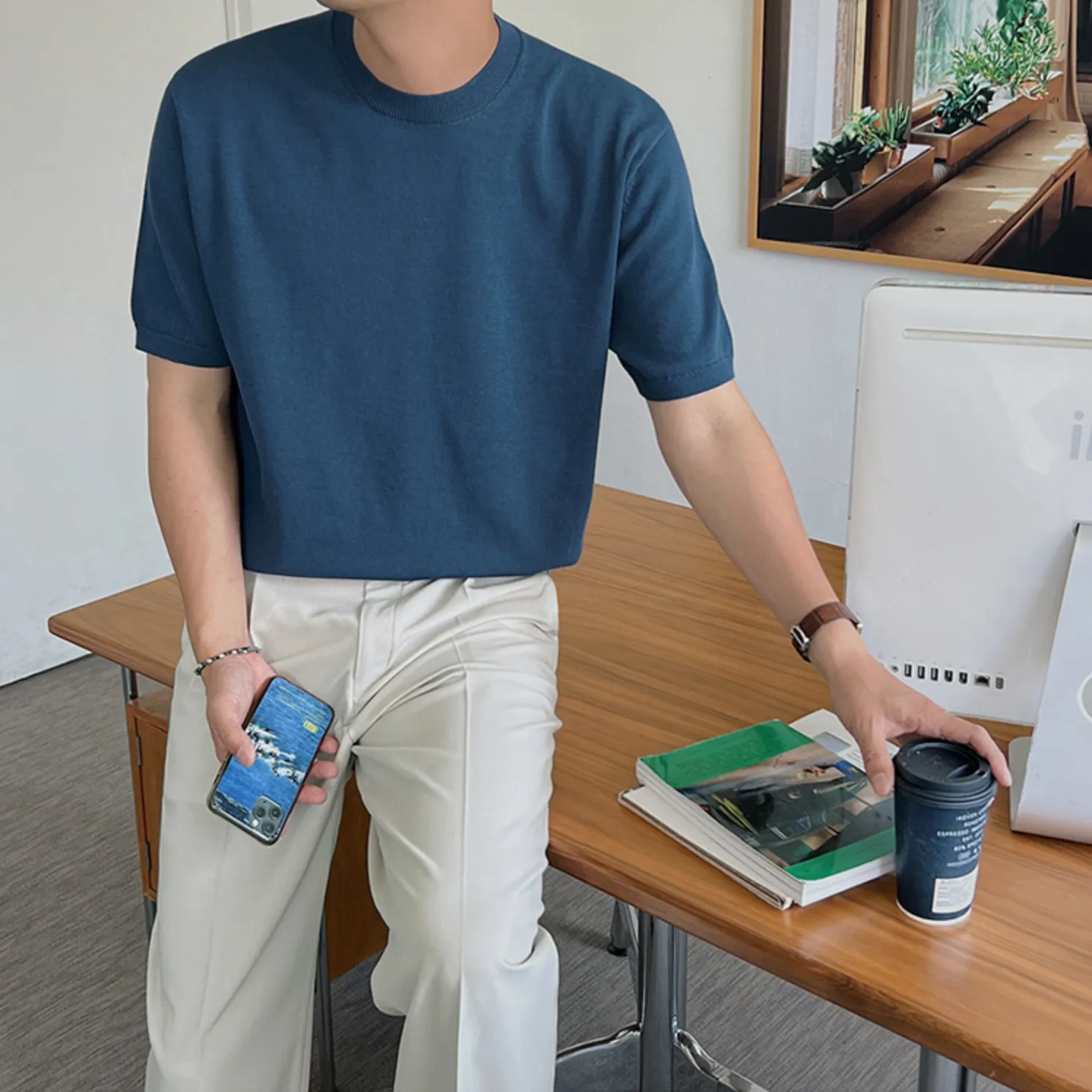 [Korean Style] 2 Colors 1/2 Round Neck Knitted T-shirts
