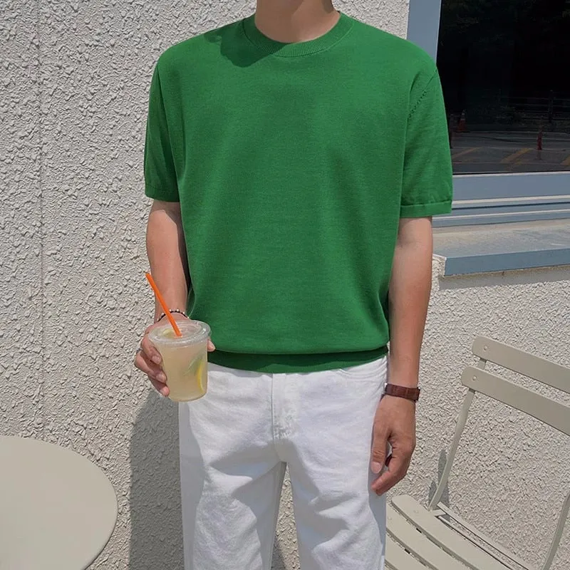 [Korean Style] 2 Colors 1/2 Round Neck Knitted T-shirts