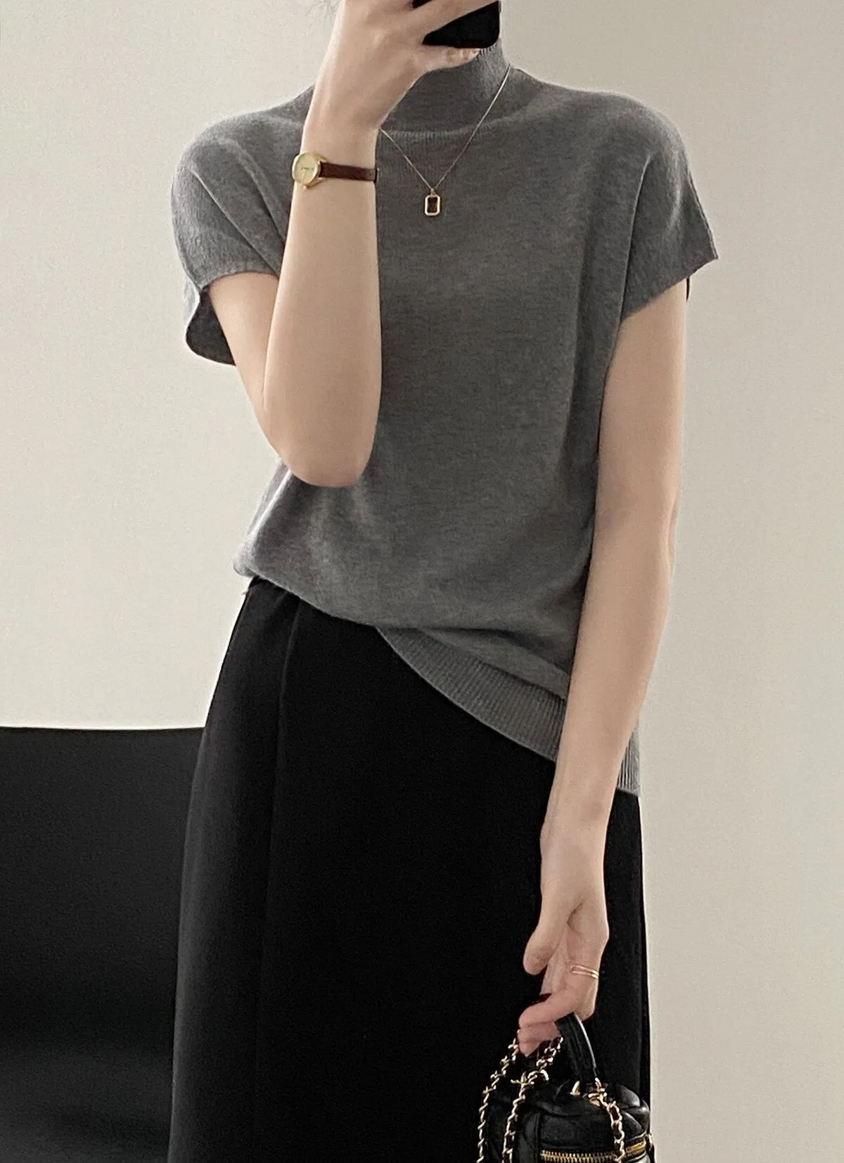 [Korean Style] 5 Color Mock Neck Cap Sleeve Knit Top