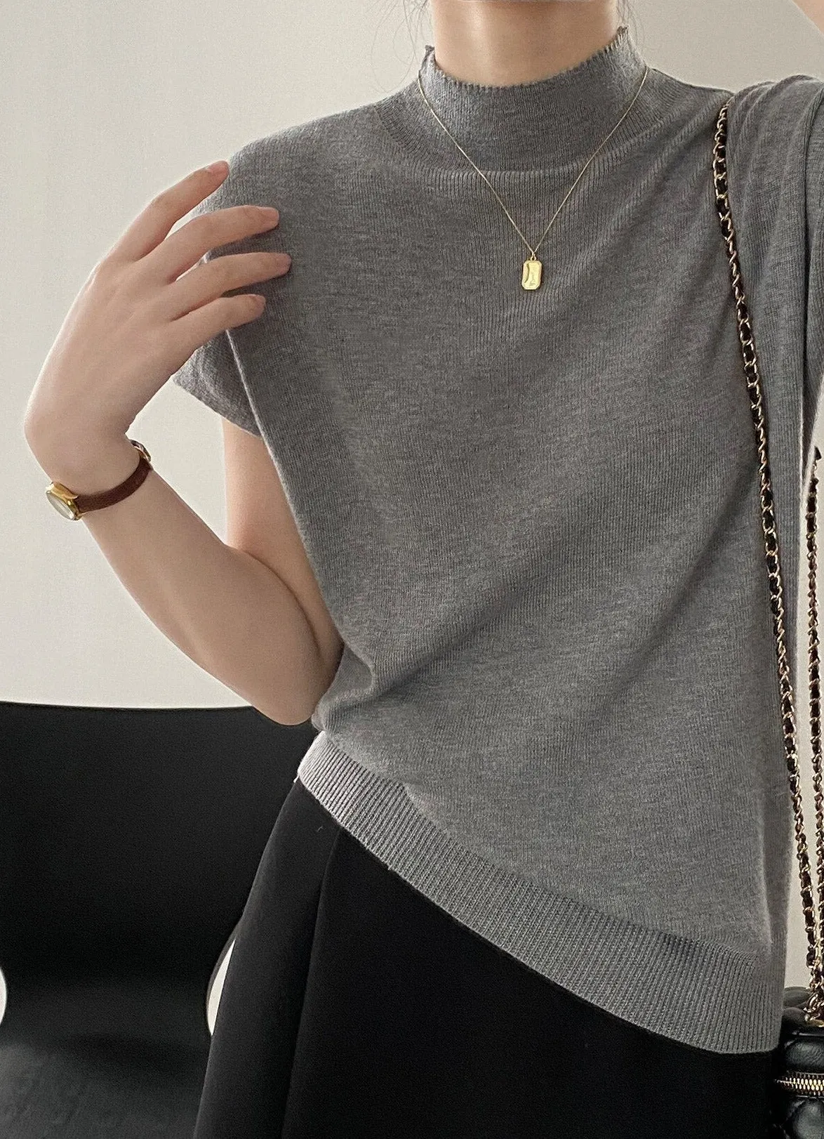 [Korean Style] 5 Color Mock Neck Cap Sleeve Knit Top