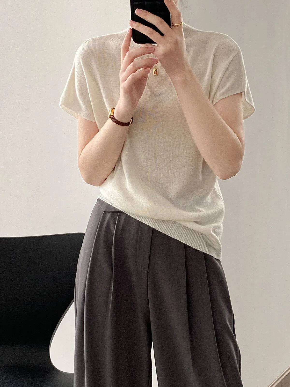 [Korean Style] 5 Color Mock Neck Cap Sleeve Knit Top
