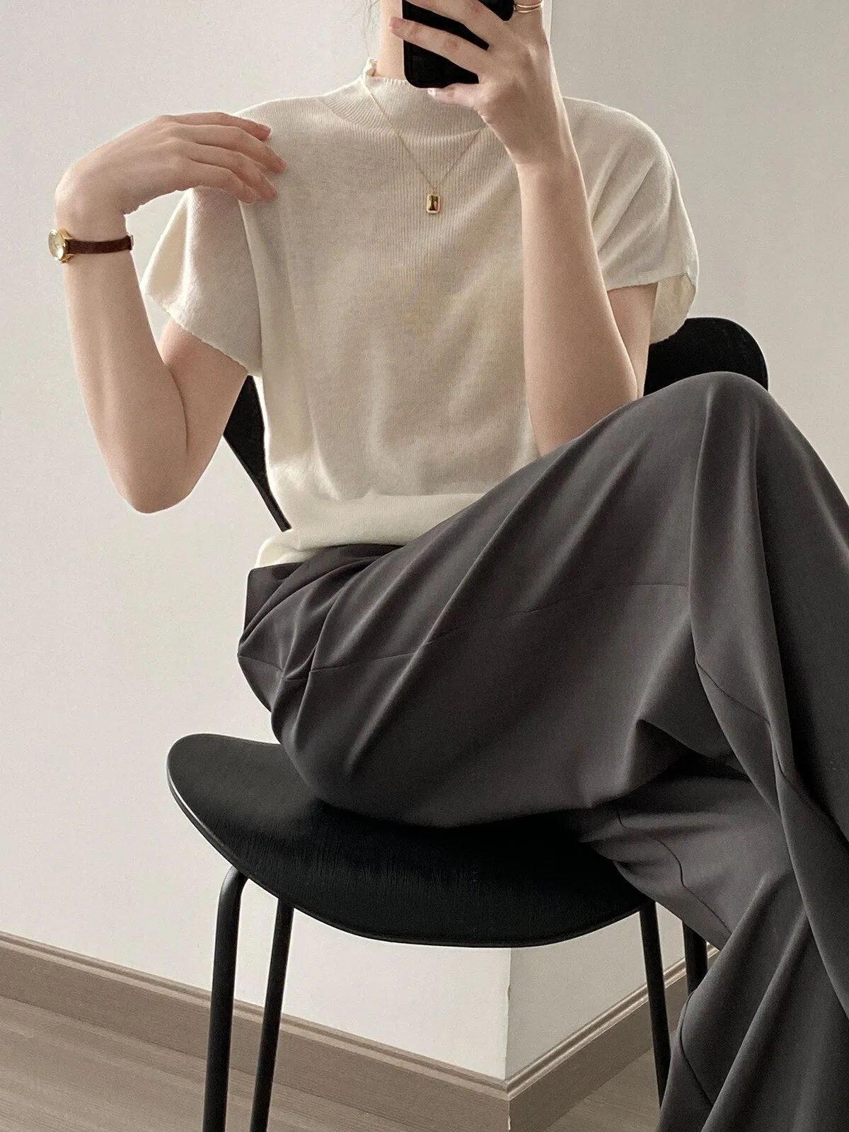 [Korean Style] 5 Color Mock Neck Cap Sleeve Knit Top
