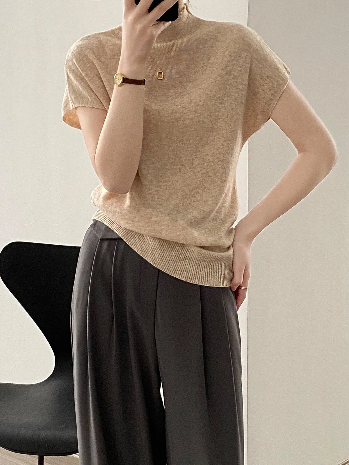 [Korean Style] 5 Color Mock Neck Cap Sleeve Knit Top