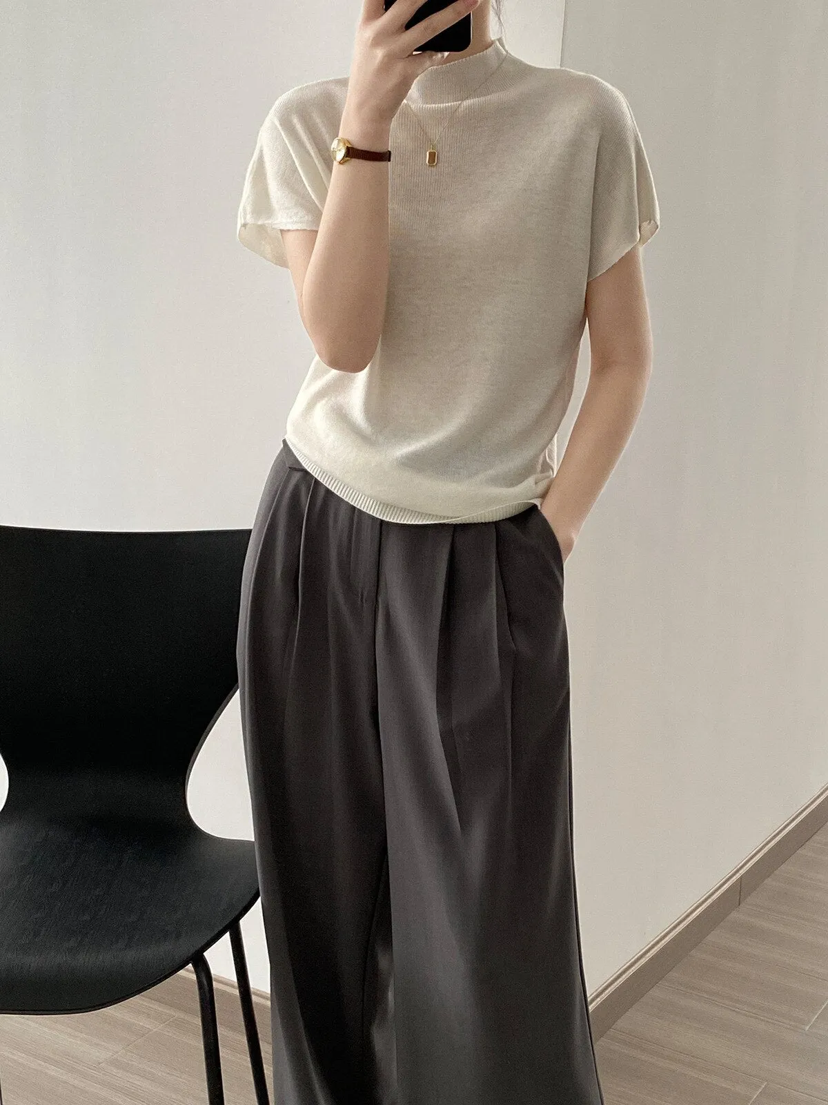 [Korean Style] 5 Color Mock Neck Cap Sleeve Knit Top