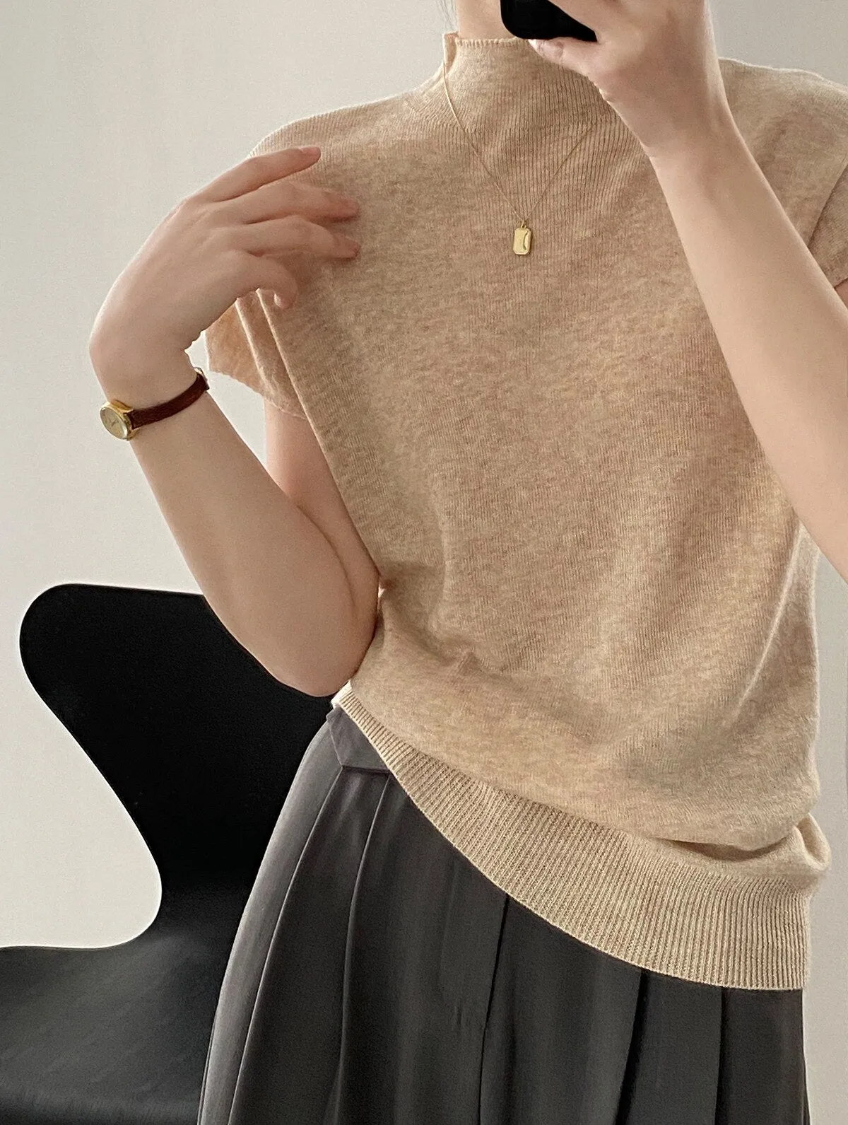 [Korean Style] 5 Color Mock Neck Cap Sleeve Knit Top