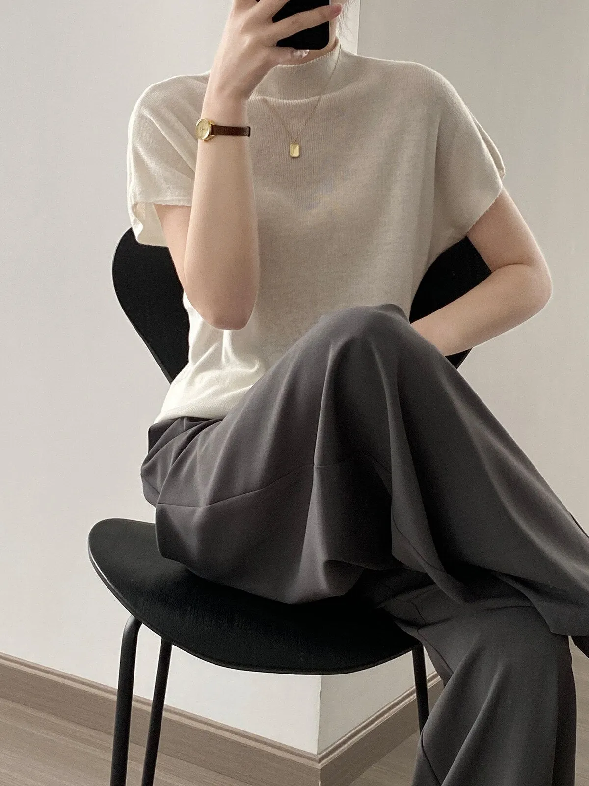 [Korean Style] 5 Color Mock Neck Cap Sleeve Knit Top