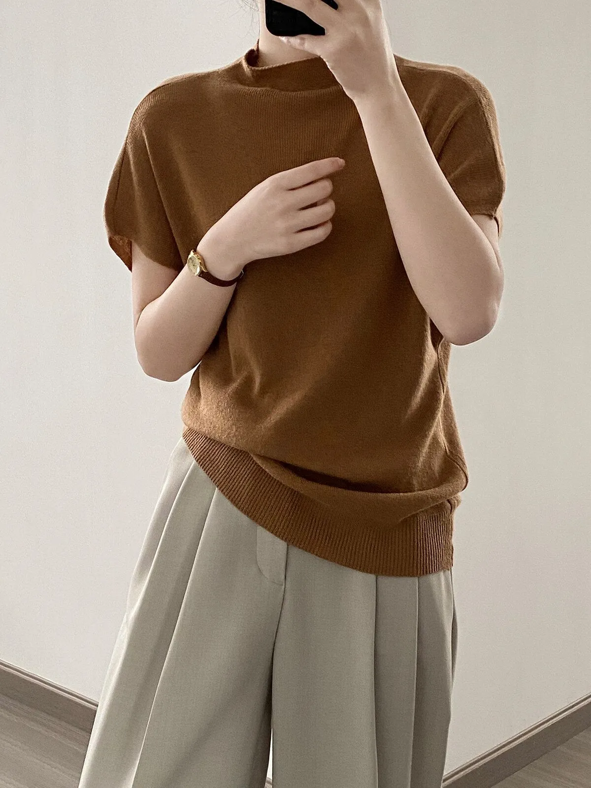[Korean Style] 5 Color Mock Neck Cap Sleeve Knit Top