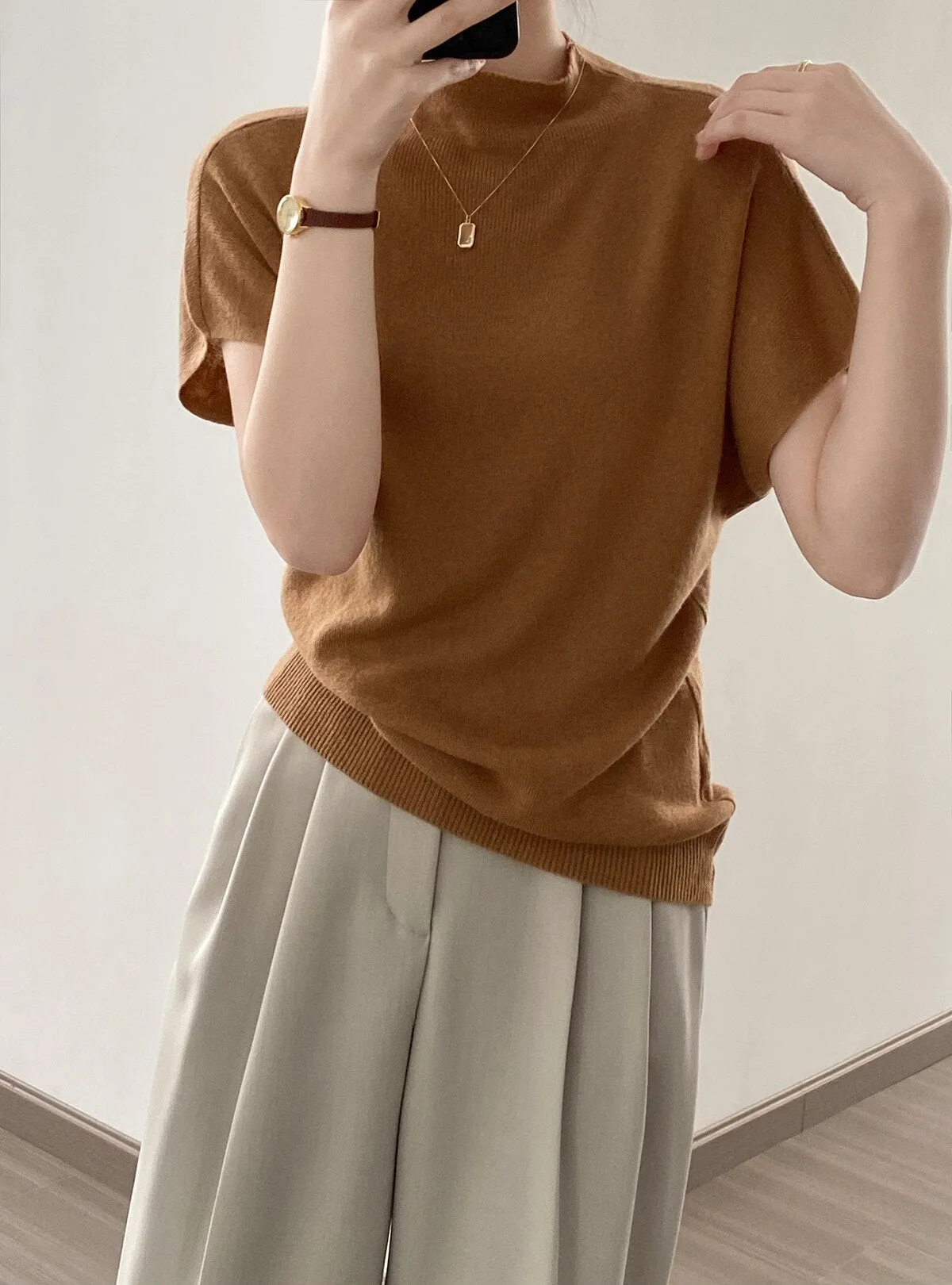 [Korean Style] 5 Color Mock Neck Cap Sleeve Knit Top
