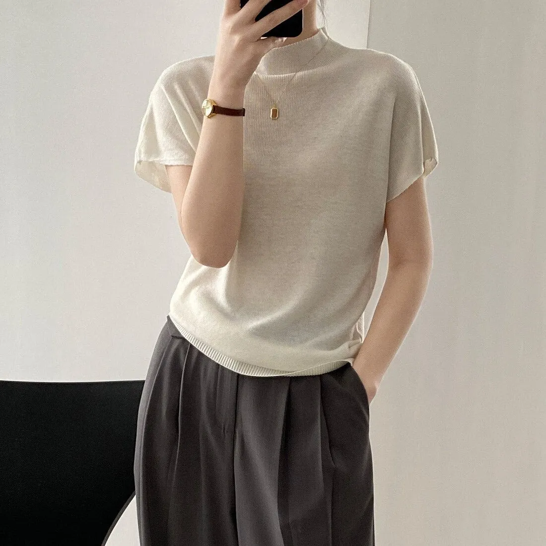 [Korean Style] 5 Color Mock Neck Cap Sleeve Knit Top