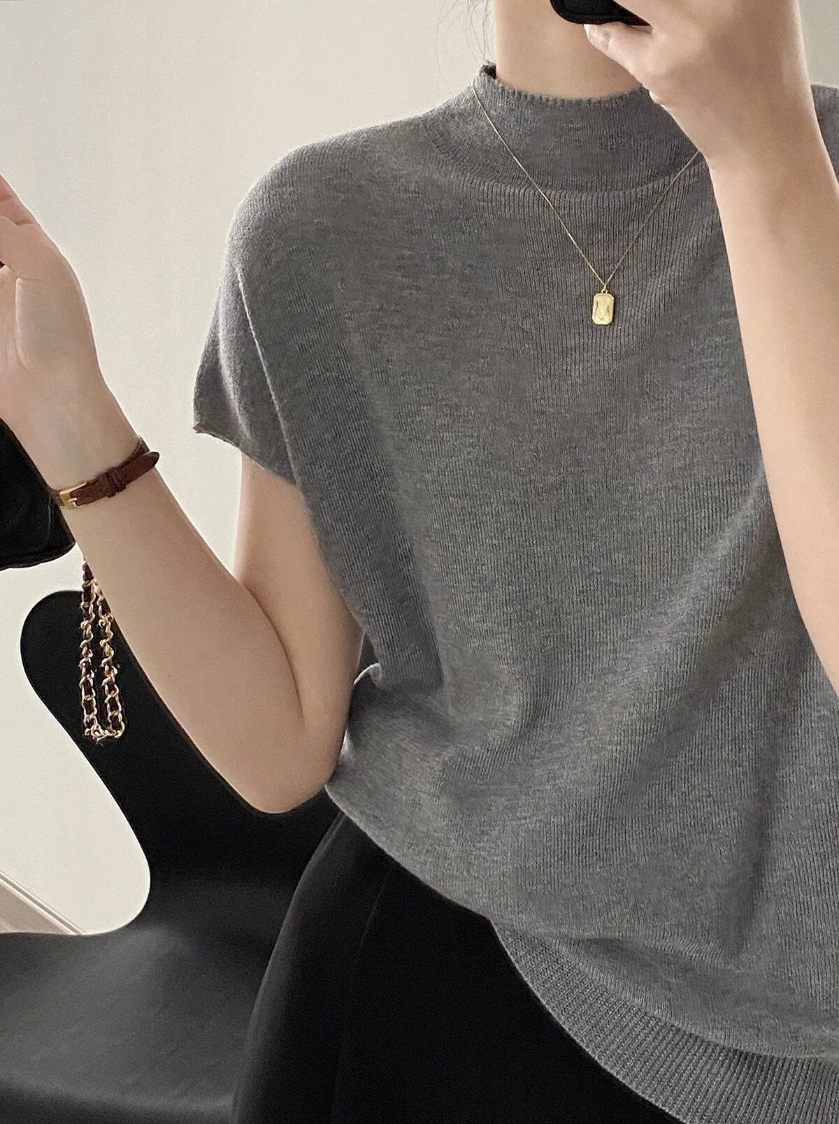 [Korean Style] 5 Color Mock Neck Cap Sleeve Knit Top