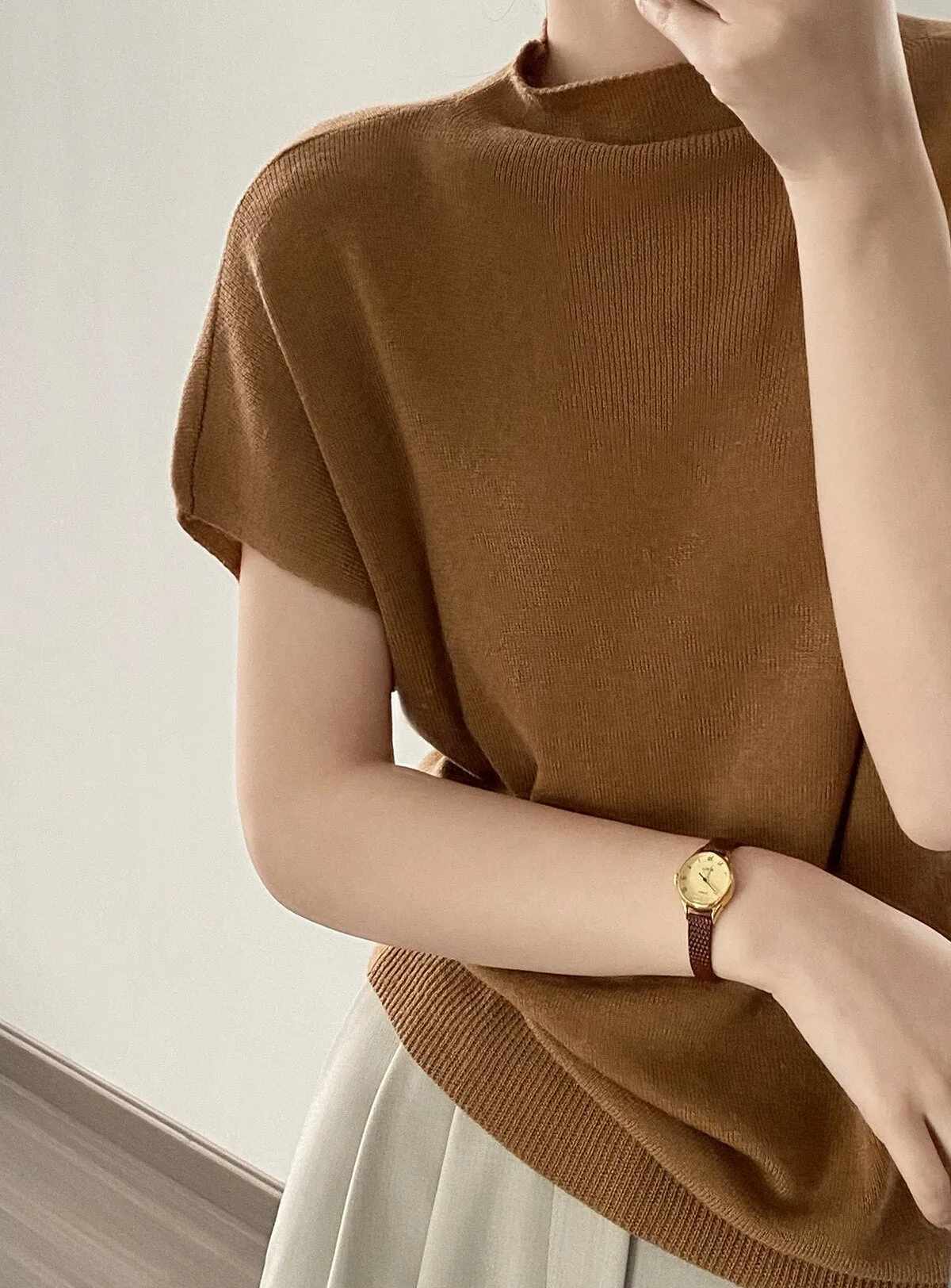 [Korean Style] 5 Color Mock Neck Cap Sleeve Knit Top