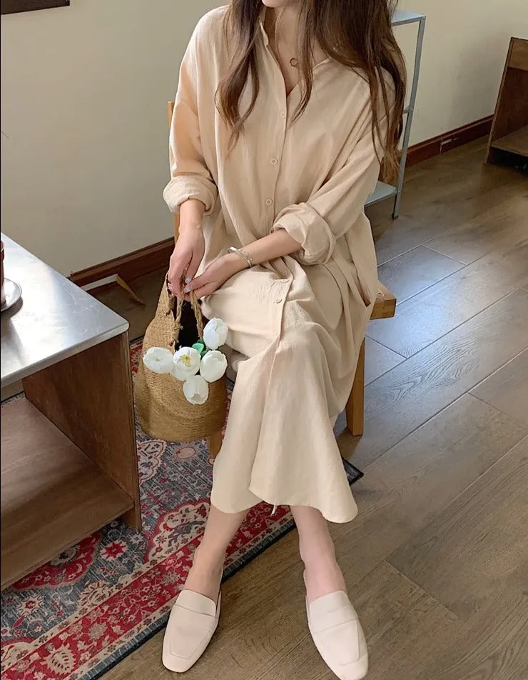 [Korean Style] 5 Colors Oversized Textured Maxi Cotton Shirtdress