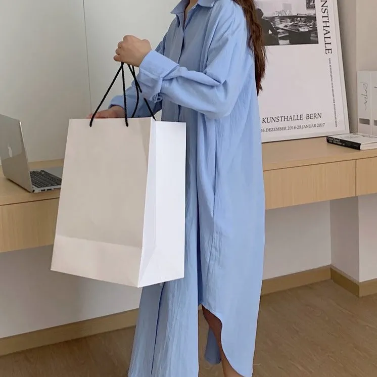 [Korean Style] 5 Colors Oversized Textured Maxi Cotton Shirtdress