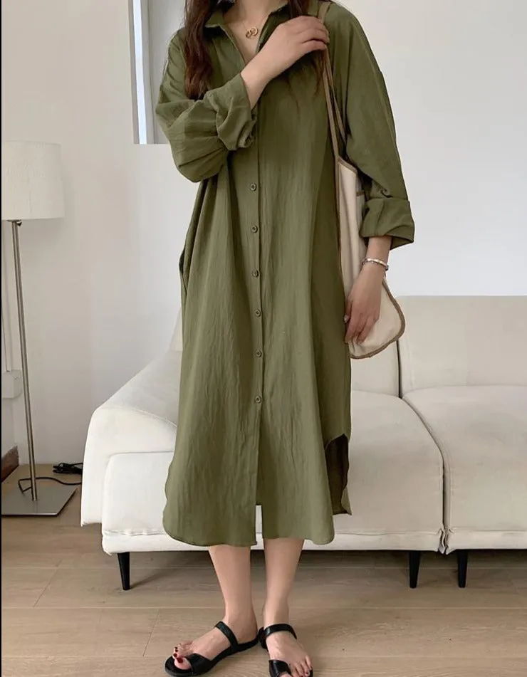 [Korean Style] 5 Colors Oversized Textured Maxi Cotton Shirtdress