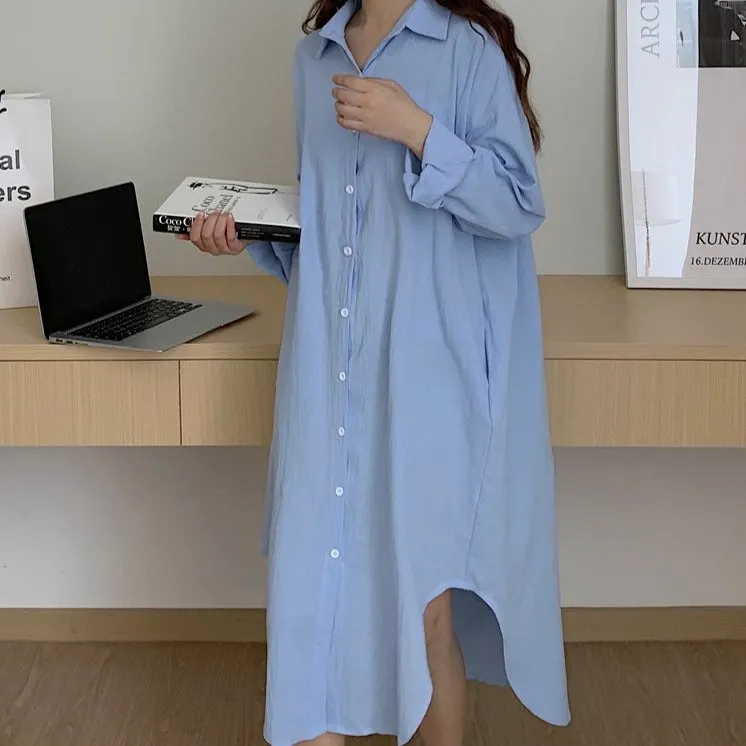 [Korean Style] 5 Colors Oversized Textured Maxi Cotton Shirtdress