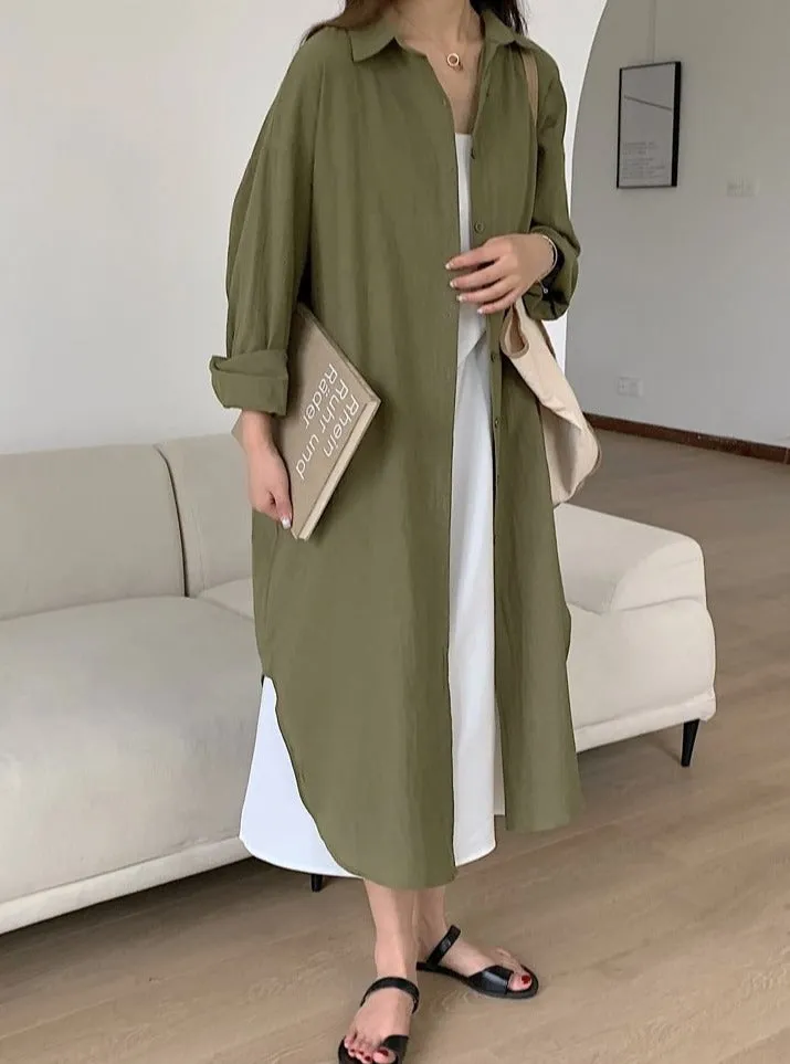 [Korean Style] 5 Colors Oversized Textured Maxi Cotton Shirtdress