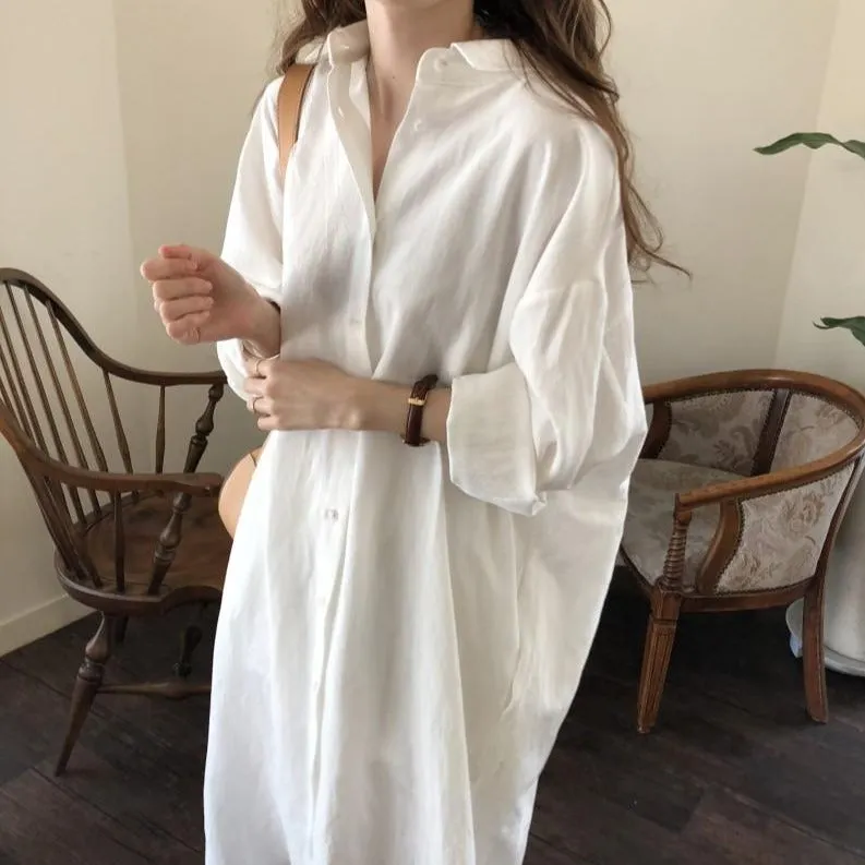 [Korean Style] 5 Colors Oversized Textured Maxi Cotton Shirtdress