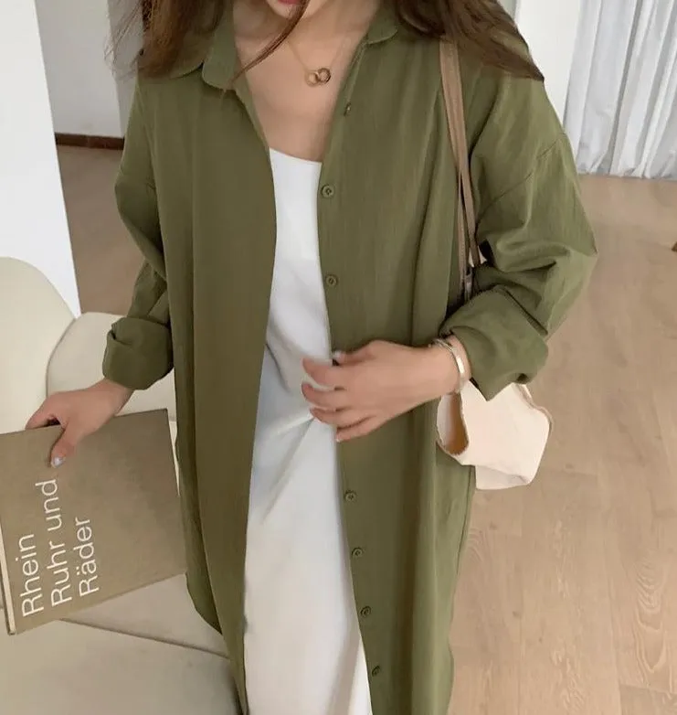 [Korean Style] 5 Colors Oversized Textured Maxi Cotton Shirtdress
