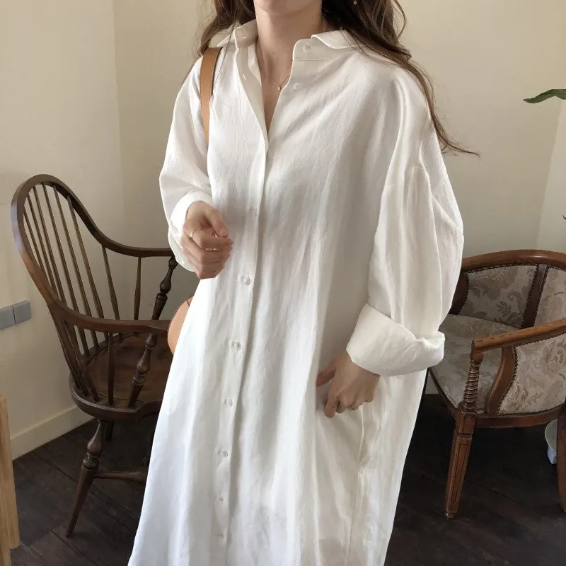 [Korean Style] 5 Colors Oversized Textured Maxi Cotton Shirtdress