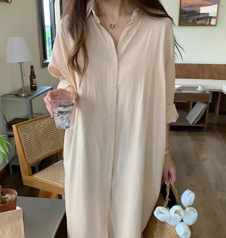 [Korean Style] 5 Colors Oversized Textured Maxi Cotton Shirtdress