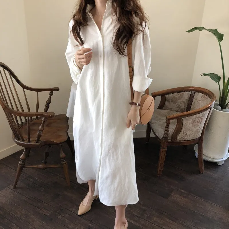[Korean Style] 5 Colors Oversized Textured Maxi Cotton Shirtdress