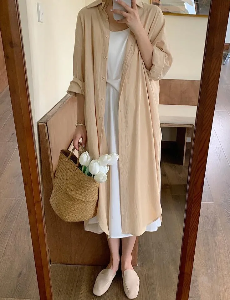 [Korean Style] 5 Colors Oversized Textured Maxi Cotton Shirtdress