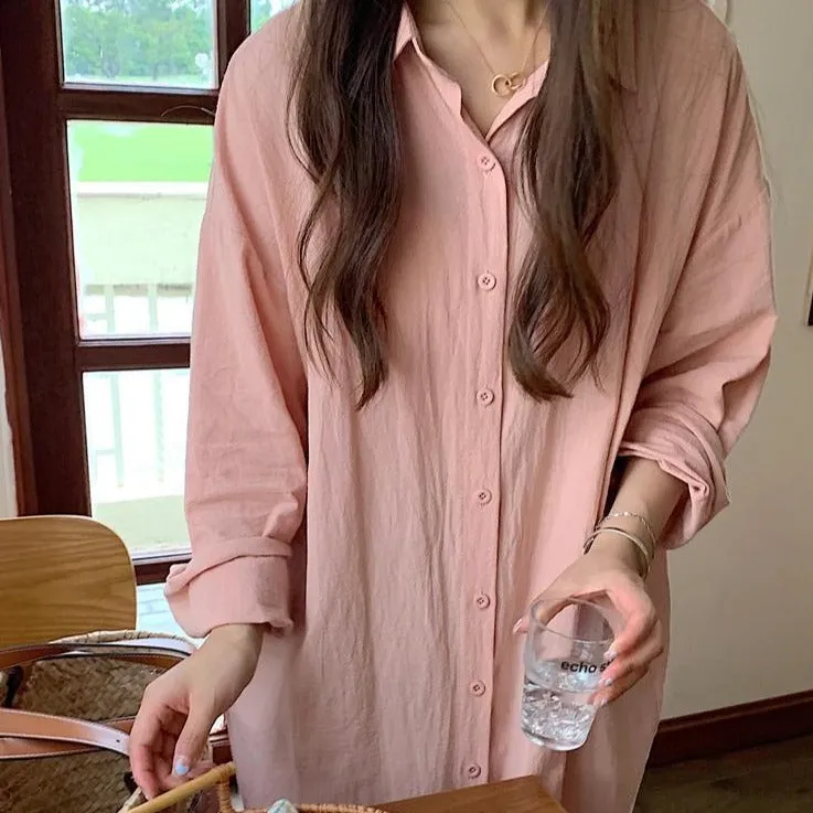 [Korean Style] 5 Colors Oversized Textured Maxi Cotton Shirtdress