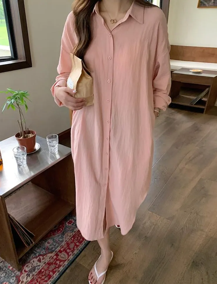 [Korean Style] 5 Colors Oversized Textured Maxi Cotton Shirtdress