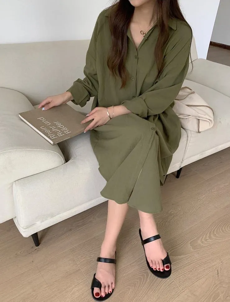 [Korean Style] 5 Colors Oversized Textured Maxi Cotton Shirtdress