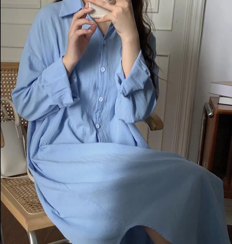 [Korean Style] 5 Colors Oversized Textured Maxi Cotton Shirtdress