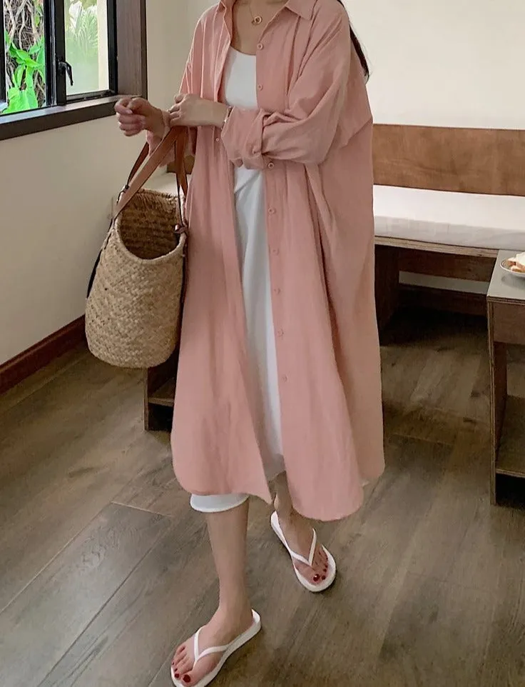 [Korean Style] 5 Colors Oversized Textured Maxi Cotton Shirtdress