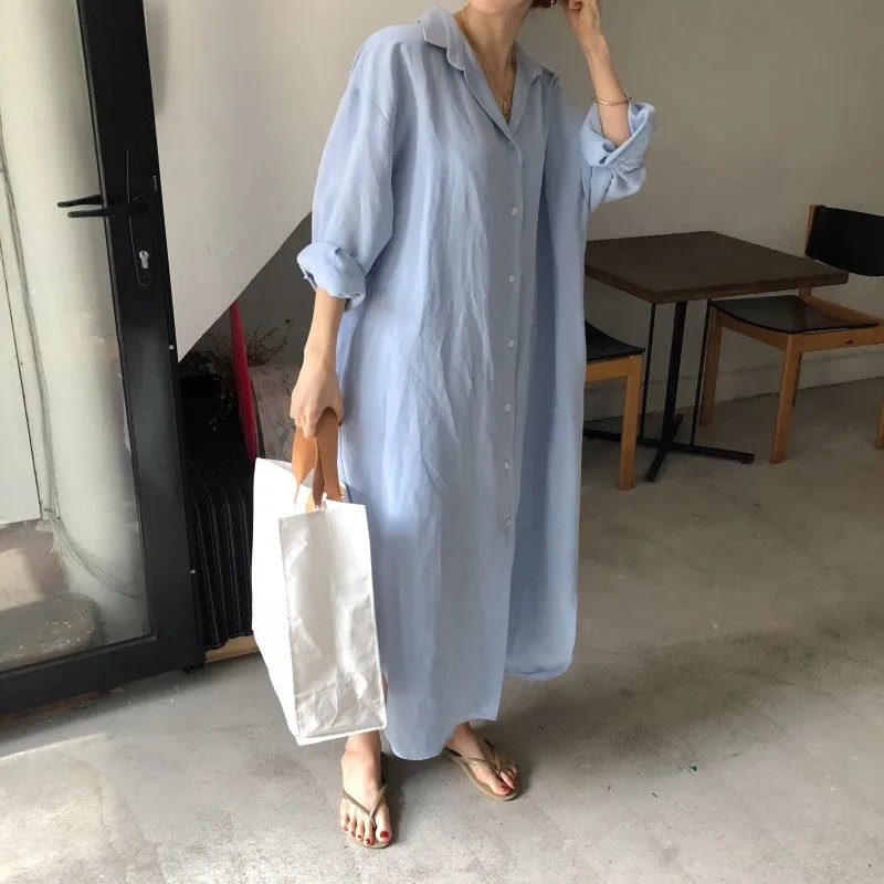 [Korean Style] 5 Colors Oversized Textured Maxi Cotton Shirtdress