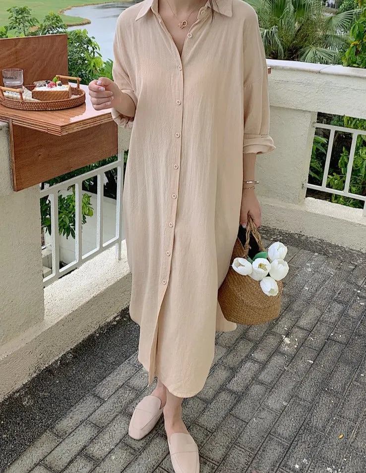 [Korean Style] 5 Colors Oversized Textured Maxi Cotton Shirtdress