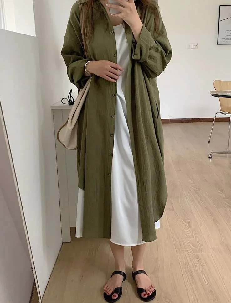 [Korean Style] 5 Colors Oversized Textured Maxi Cotton Shirtdress