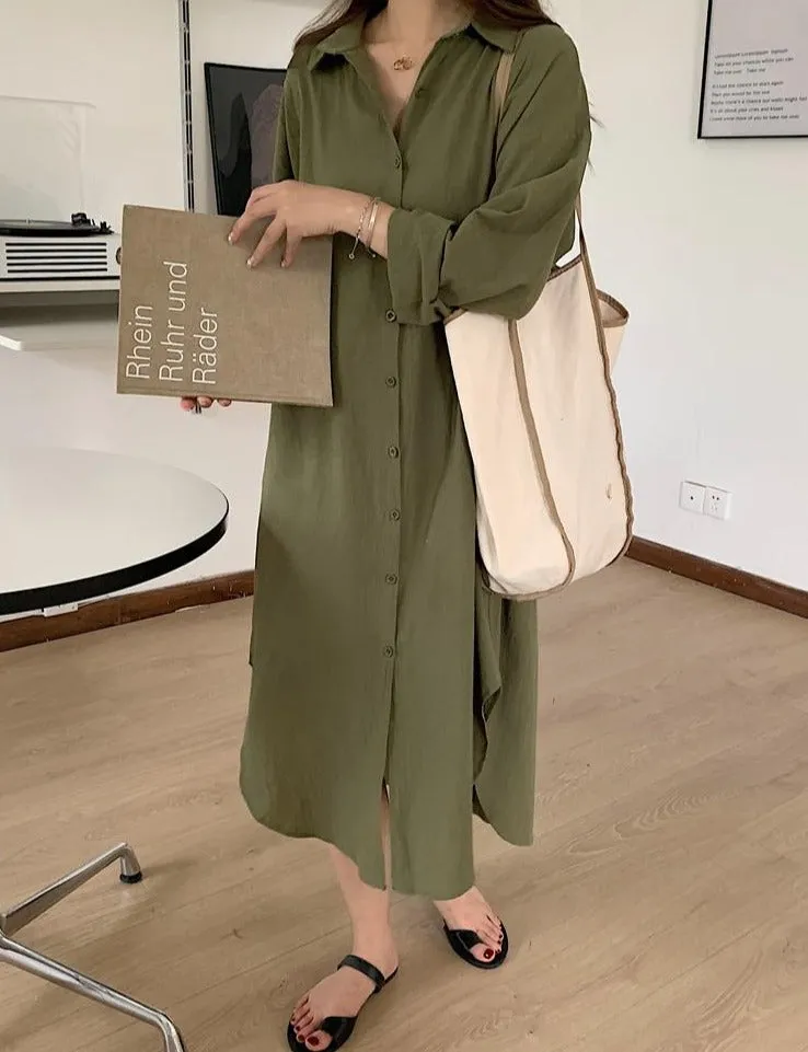 [Korean Style] 5 Colors Oversized Textured Maxi Cotton Shirtdress