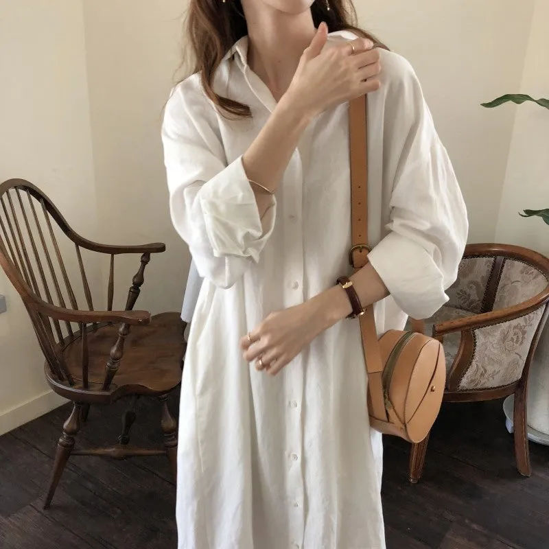 [Korean Style] 5 Colors Oversized Textured Maxi Cotton Shirtdress