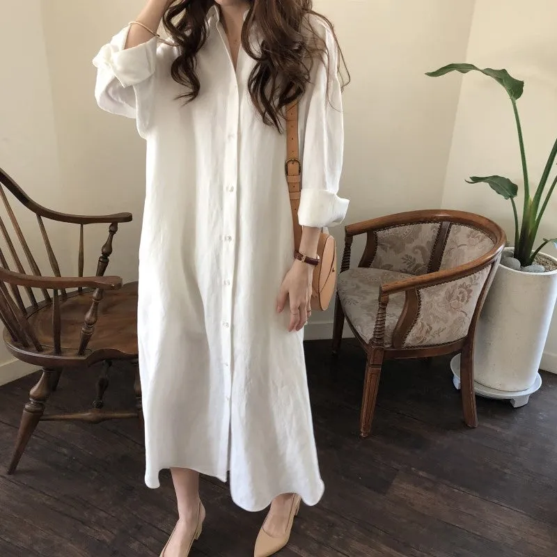[Korean Style] 5 Colors Oversized Textured Maxi Cotton Shirtdress