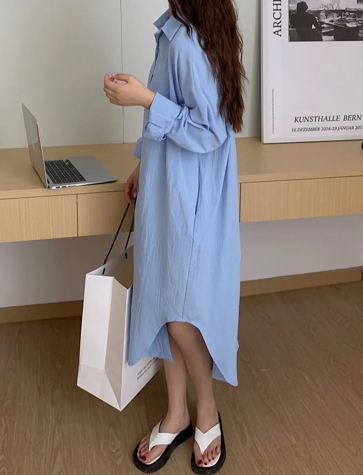 [Korean Style] 5 Colors Oversized Textured Maxi Cotton Shirtdress