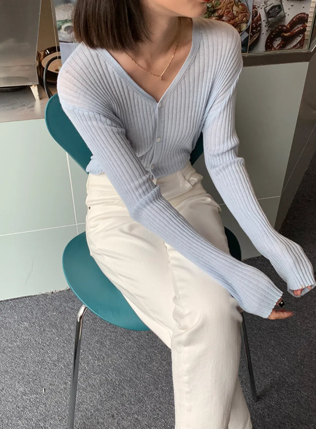 [Korean Style] 7 Color V-Neck Rib Knit Top Cardigan